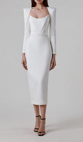 MIDIKLEID MIT ECKIGEN SCHULTERN UND KORSETT IN WEISS